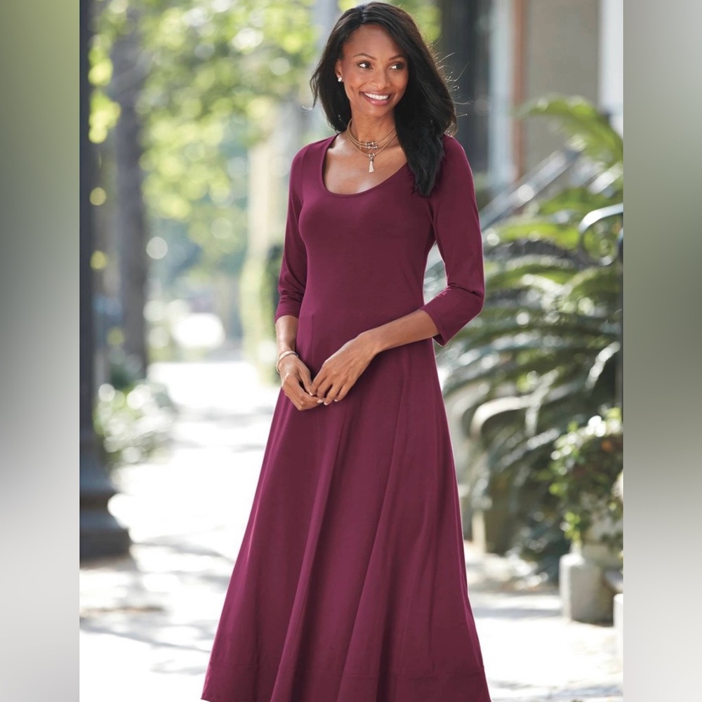 Alfani Burgundy Fit and Flare Dress, Sccop Neck Dress, Long Sleeves,  Medium